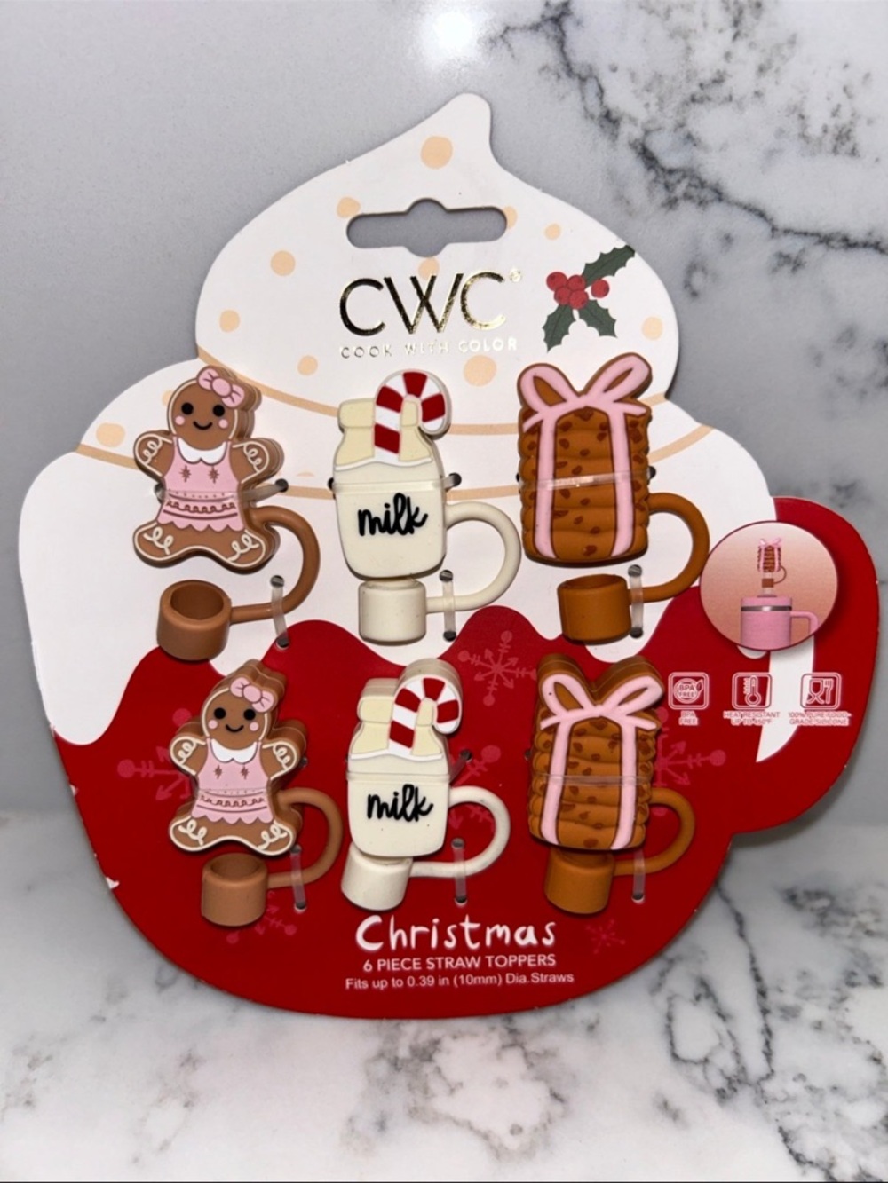 CWC Christmas Gingerbread & Milk Mug Straw Toppers - Pink, Brown, White, Red